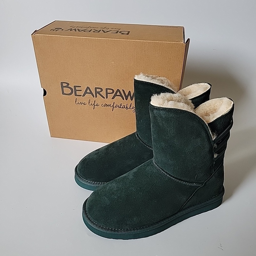Bearpaw Kylee Suede Sheepskin Lined Boots 9M Dark Green‎ Mid Calf Boho Casual
